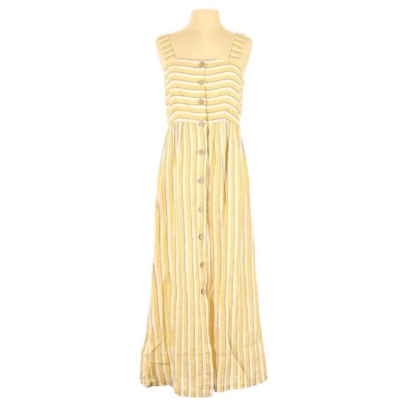 Rachel Zoe Yellow Ivory Striped Linen Button Front Pinafore Maxi Sun Dress - Picture 2 of 11